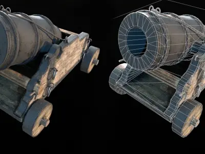 Mortar two cannons on wheels Low-poly 3D model