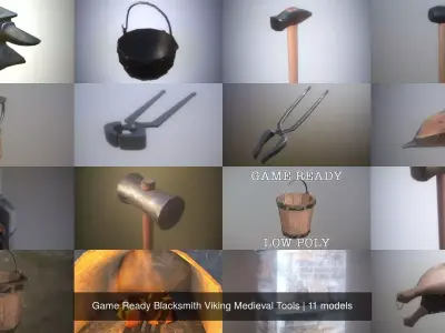Game Ready Blacksmith Viking Medieval Tools 3D Model Pack
