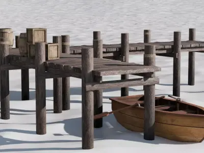 Dock set with boat barrel and crate Low-poly 3D model