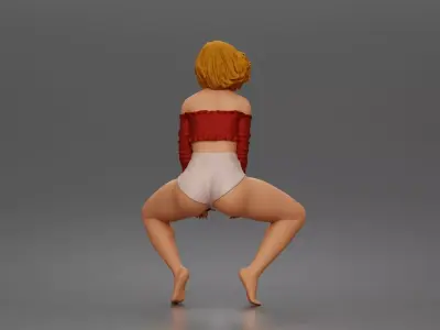 Playful dancer squatting low in offshoulder crop top and shorts 3D print model