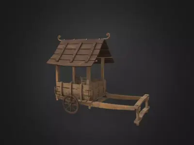 Traditional Wooden Cart with Pitched Roof 3D model