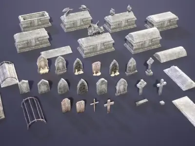 Medieval sarcophagi stone coffins tombstones crosses 3D model