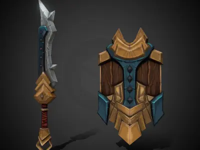 Stylized Sword and Shield Weapons Game-Ready Low-Poly Low-poly 3D model