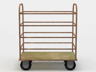 Trolley wooden on wheels Low-poly 3D model
