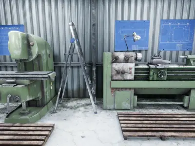 Workshop in metal building Low-poly 3D model