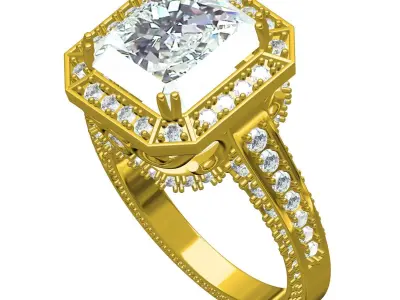 Antique Emerald Stone Round Diamond halo Filigree Ring 3D print model
