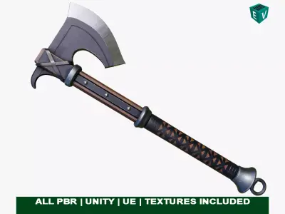 Battle Axe 14 Blue Handle All PBR Unity UE Textures Included Low-poly 3D model