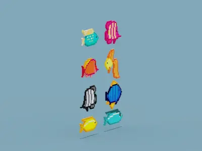 Pixel Fish Collection Low-poly 3D model