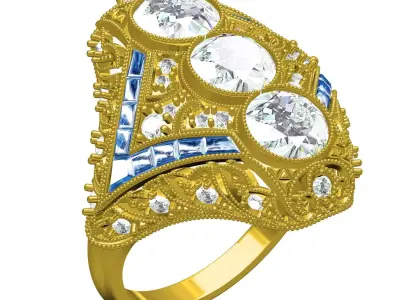 Antique Three Stone Art Deco Engagement Ring 3D print model