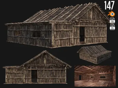 4 Old Wooden Houses Pack 4K Textures GameReady 145 to 148 Low-poly 3D model