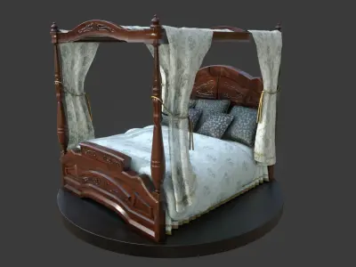 Vintage Bed With Curtains Low-poly 3D model