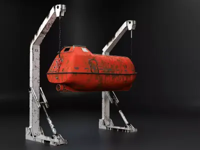 Aged Lifeboat with Davit Crane System Marine Rescue Vessel Model Low-poly 3D model