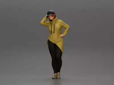 Asian girl in a neck hoodie and cap is standing and thinking 3D print model