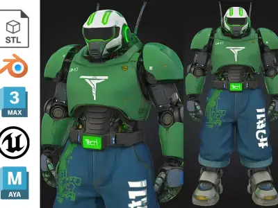 Futuristic Combat Robot in Green Armor Low-poly 3D model