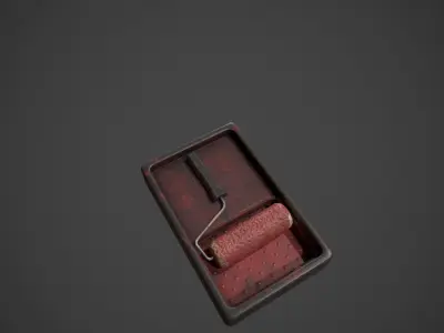 Paint Roller and Tray - Red Paint Low-poly 3D model