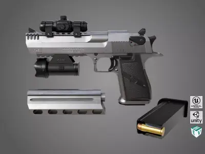 Pistol 10 Silver Generic All PBR UE Textures Low-poly 3D model