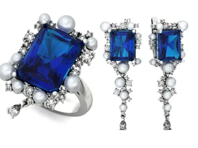 vintage set ring earrings with pearls and radiant 1251 3D Model Pack