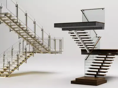 Modern Floating Stairs Glass Railing Architectural Pack PBR 3D model