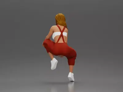 Street dancer in red overalls sitting stylishly on parked car 3D print model