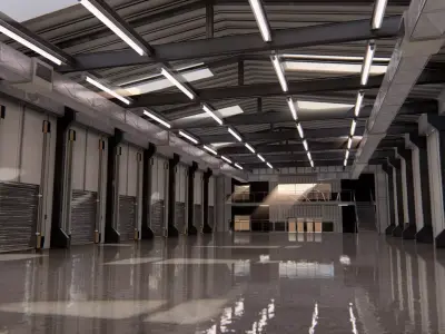 Warehause commercial building in middle of street 3D model