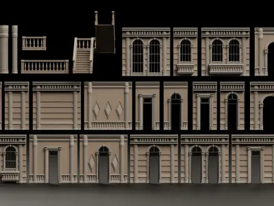 CLASSIC EUROPEAN KITBASH 06 MODULAR BUILDING WITH INTERIOR Low-poly 3D model