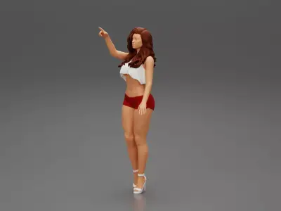 woman standing in mini short and heels with her hand indicating 3D print model