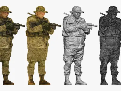 soldier stying and holding rifle in chest 001152 3D model