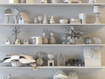 Toy set wooden shelf with toys 3D model