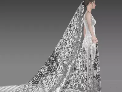 wedding dress long veil bordered with lace Low-poly 3D model