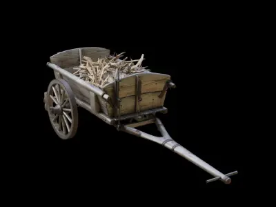 Wooden Cart with sticks Loaded Low poly 3D model