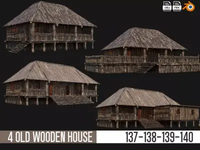 4 Old Wooden Houses Pack 4K Textures GameReady 137 to 140 Low-poly 3D model