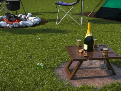Champagne Picnic Table with Glasses and Cork 3D model