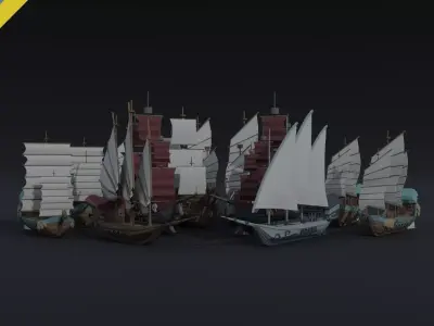 Cartoon medieval ships asset Polygonal Style 3D Model Pack