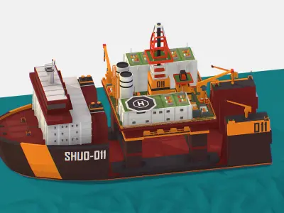 Heavy Lift Vessel with Big Oil Rig Low-poly 3D model