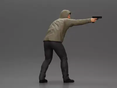 Man in hoodie pointing gun while raising hand in defensive 3D print model