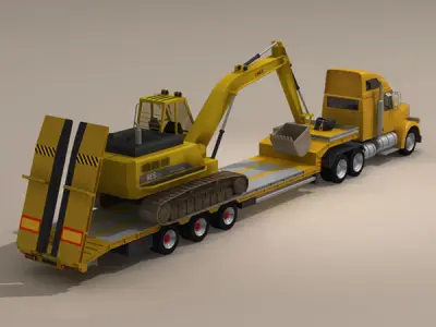 Truck with stepframe trailer and excavator 3D model