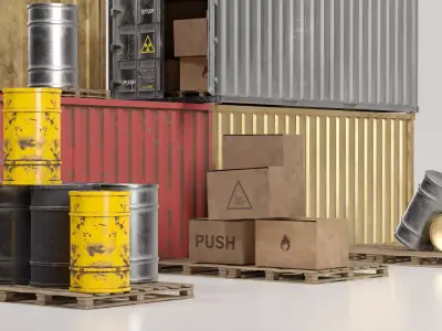 Industrial Shipping Containers  Barrels 3D Pack Game Ready Low-poly 3D model