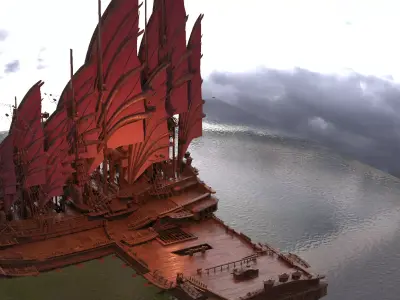 Emperors Asian Red Fin sailed Ship port 1 3D model
