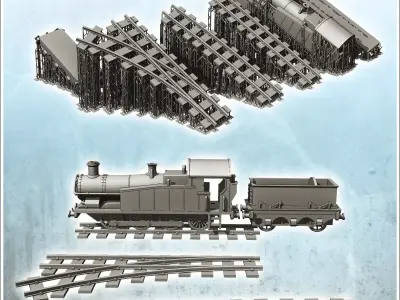 Steam locomotive with coal cars and rail set 4 - Modern WW2 WW1  3D print model
