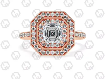 Ring 201 Asscher Shape Cathedral Double Halo pave set with Gems 3D print model