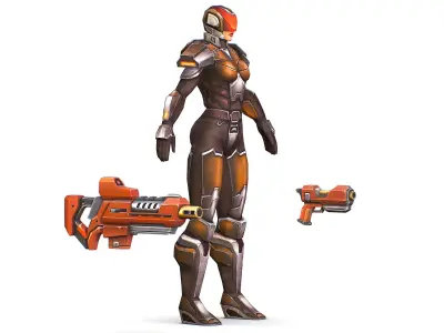 Woman Cyborg Soldier Female with Rifle and Pistol Low-poly 3D model