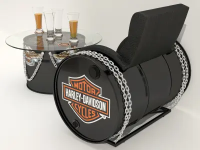 Armchair and table made of iron barrels with industrial decor 3D model