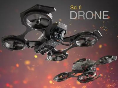 Drone quadcopter flying in sky with flames 3D model