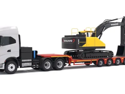 Iveco S-WAY Tractor and Lowboy Trailer with Excavator Volvo 3D model