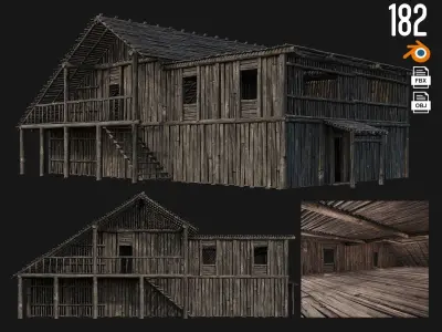 4 Old Wooden Buildings Pack 4K Textures GameReady 181 to 184 Low-poly 3D model