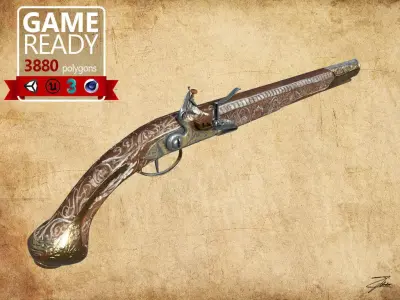 Flintlock pistol Low-poly 3D model 7
