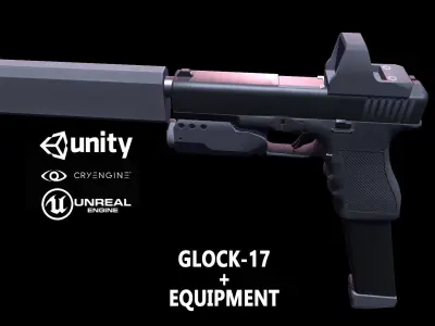 Low-poly game-ready 3d model Glock-17 and equipment Low-poly 3D model