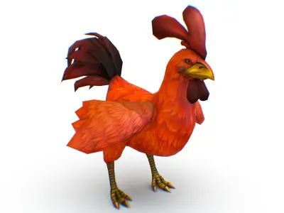 Red Rooster Dark Tail Feathers And Yellow Beak Low-poly 3D model