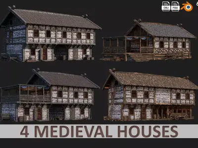 4 Old Medieval Building House Pack 4K Tex GameReady 61 to 64 Low-poly 3D model