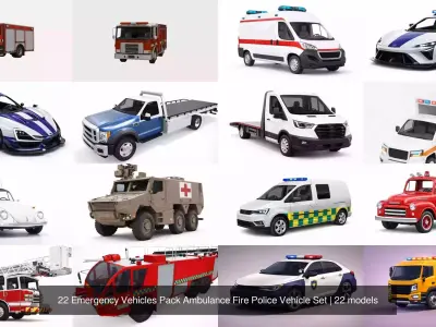 22 Emergency Vehicles Pack Ambulance Fire Police Vehicle Set
